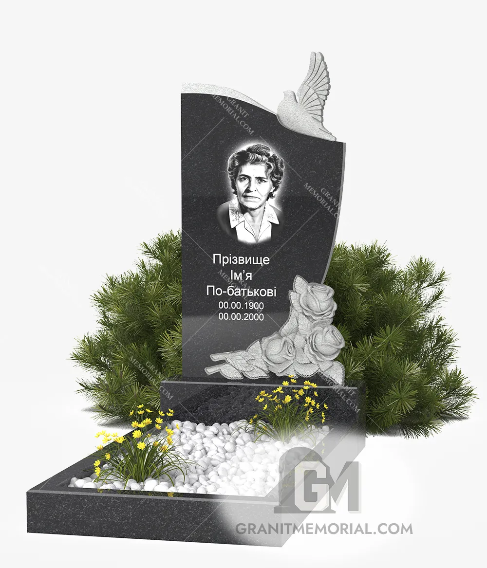 Памятник с голубкой и букетом роз