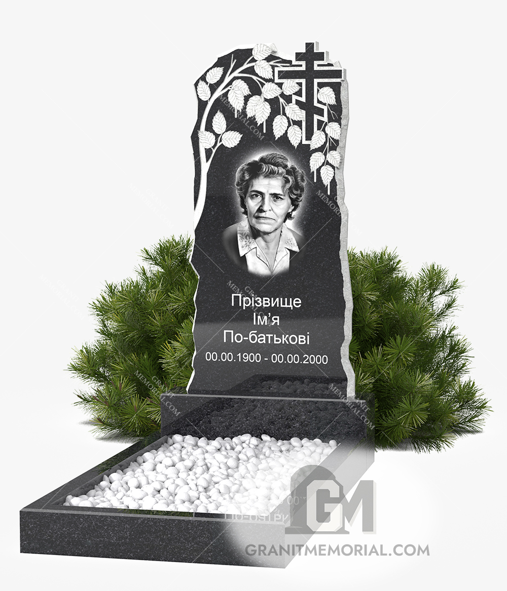 Гранитный памятник с резным деревом